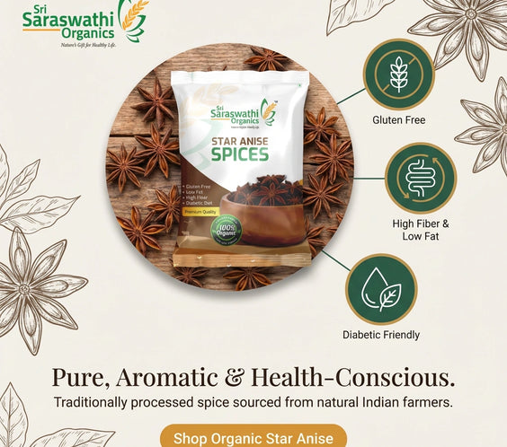 Sri Saraswathi Organics star anise spices packaging with star anise seeds on a wooden board.