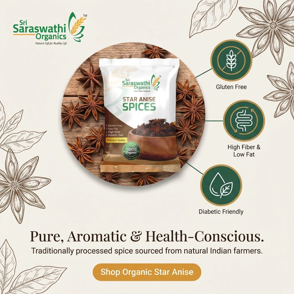 Sri Saraswathi Organics star anise spices packaging with star anise seeds on a wooden board.