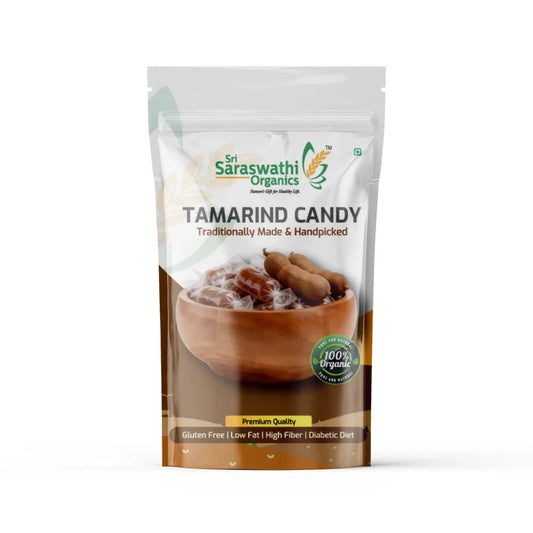 Sri Saraswathi Organics Tamarind Candy packaging on a white background