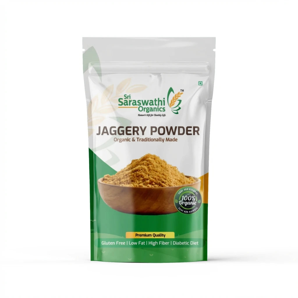 Jaggery powder made from natural sugarcane for traditional sweetening and cooking - Sri Saraswathi Organics