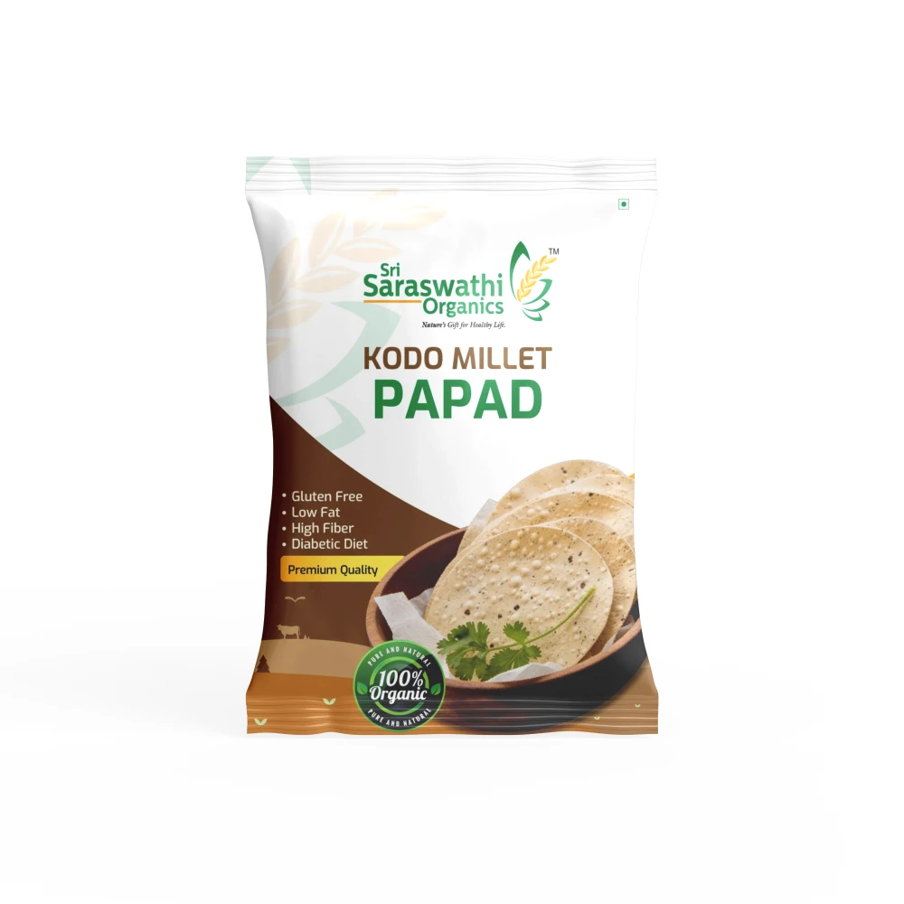 Packaged Kodo Millet Papad from Saraswathi Organics on a white background