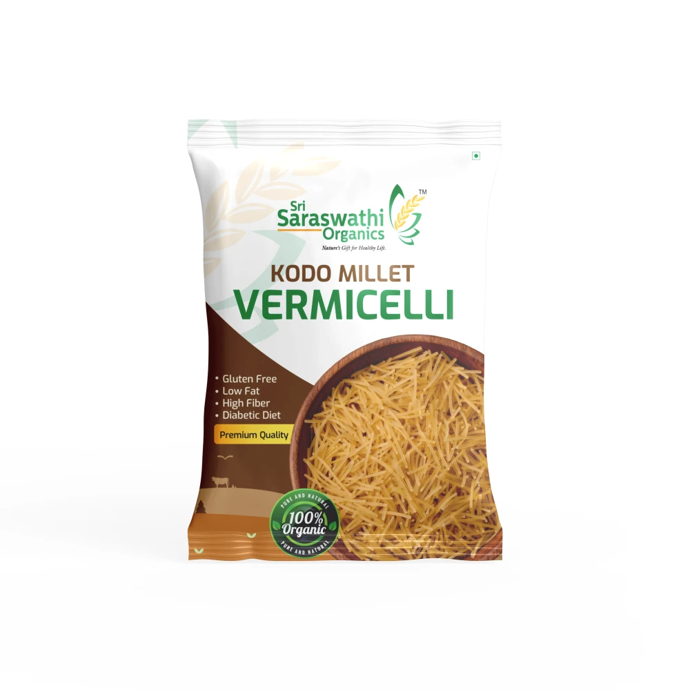 Packaged vermicelli with Sri Saraswathi Organics branding on a white background