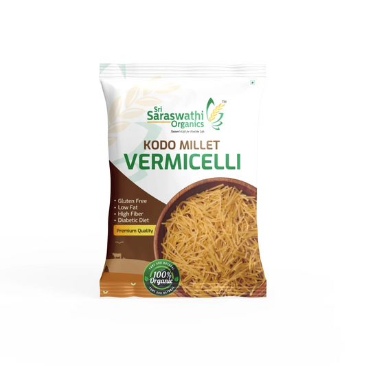 Packaged vermicelli with Sri Saraswathi Organics branding on a white background