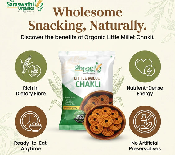 Saraswathi Organics Little Millet Chakli packaging with health benefits text on a light background