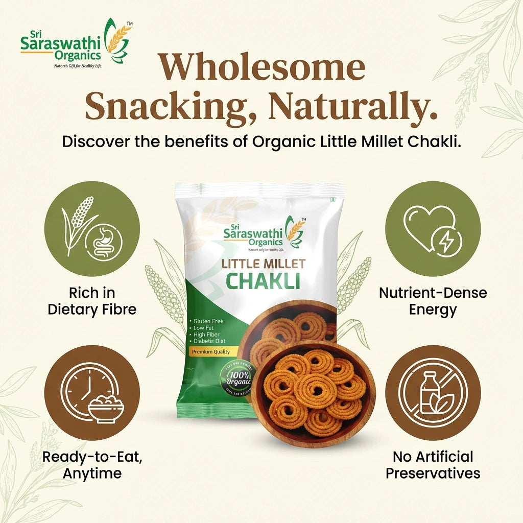 Saraswathi Organics Little Millet Chakli packaging with health benefits text on a light background