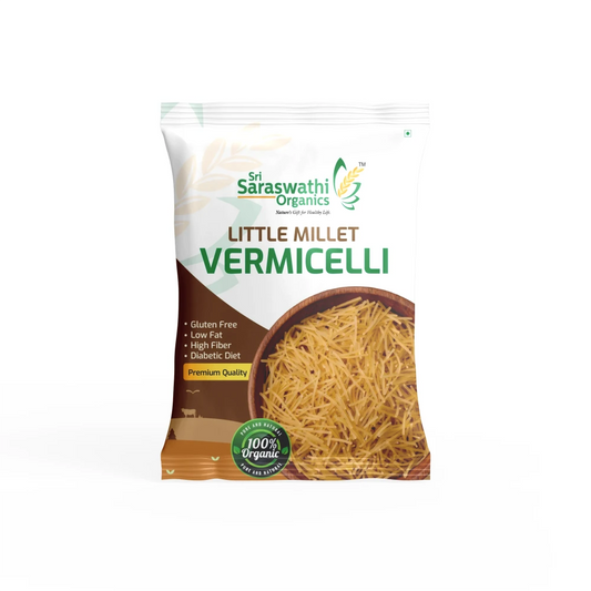 Packaged vermicelli with Sri Saraswathi Organics branding on a white background