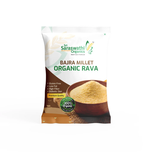 Pack of Sri Saraswathi Organics Bajra Millet Organic Rava on a white background
