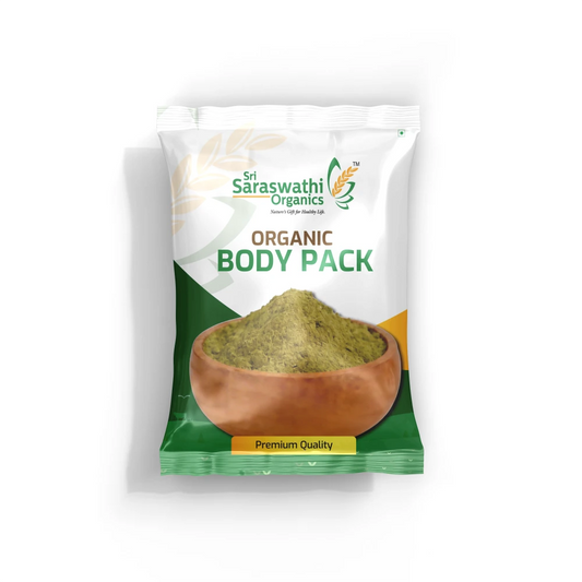Sri Saraswathi Organics organic body pack packaging on a white background