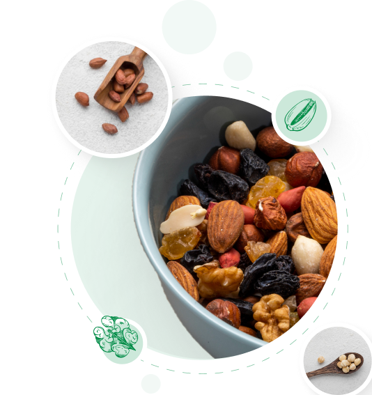 Assorted organic nuts and dried fruits in a bowl with close-up insets on a white background