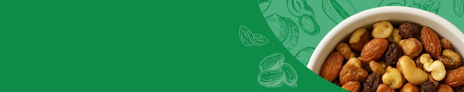 Assorted organic nuts in a bowl with a green background