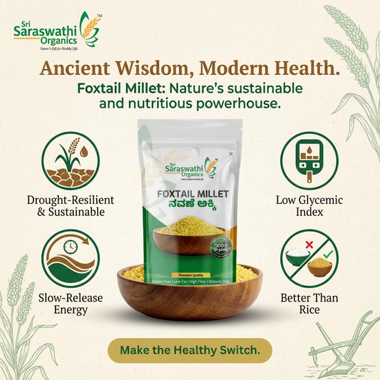 Saraswathi Organics foxtail millet packaging with health benefits text on a light background