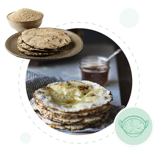 Stack of flatbreads on a plate with a bowl of flour and a jar of spread in the background.