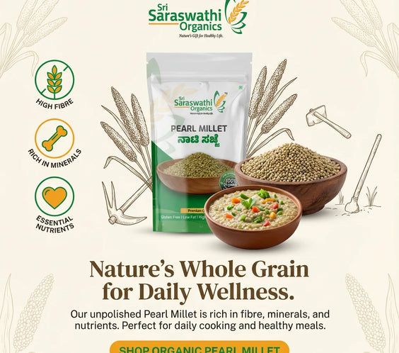 Sri Saraswathi Organics pearl millet packaging with bowls of food and text on a light background
