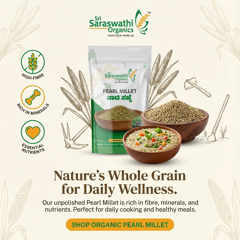 Sri Saraswathi Organics pearl millet packaging with bowls of food and text on a light background