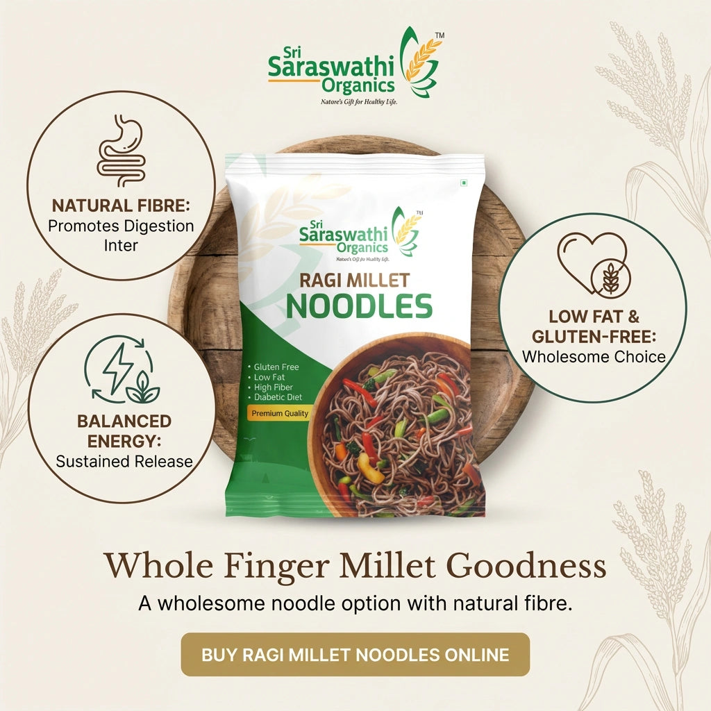 Sri Saraswathi Organics Ragi Millet Noodles packaging with health benefits on a light background
