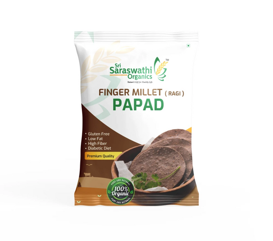 Packaged Finger Millet Papad with Saraswathi Organics branding on a white background