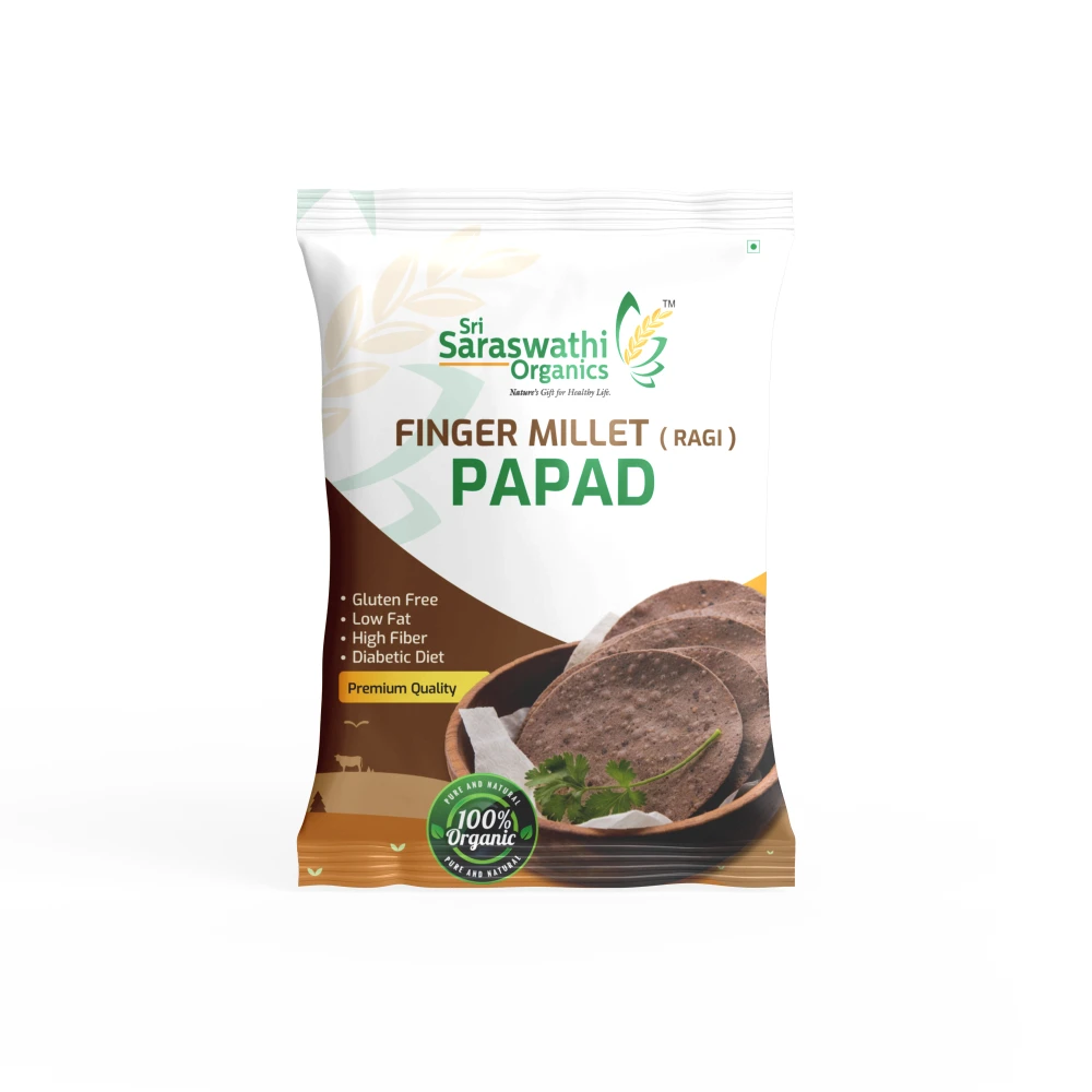 Packaged Finger Millet Papad with Saraswathi Organics branding on a white background