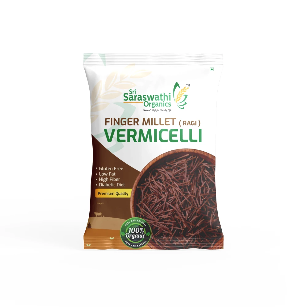 Packaged product of Sri Saraswathi Organics Finger Millet Vermicelli on a white background